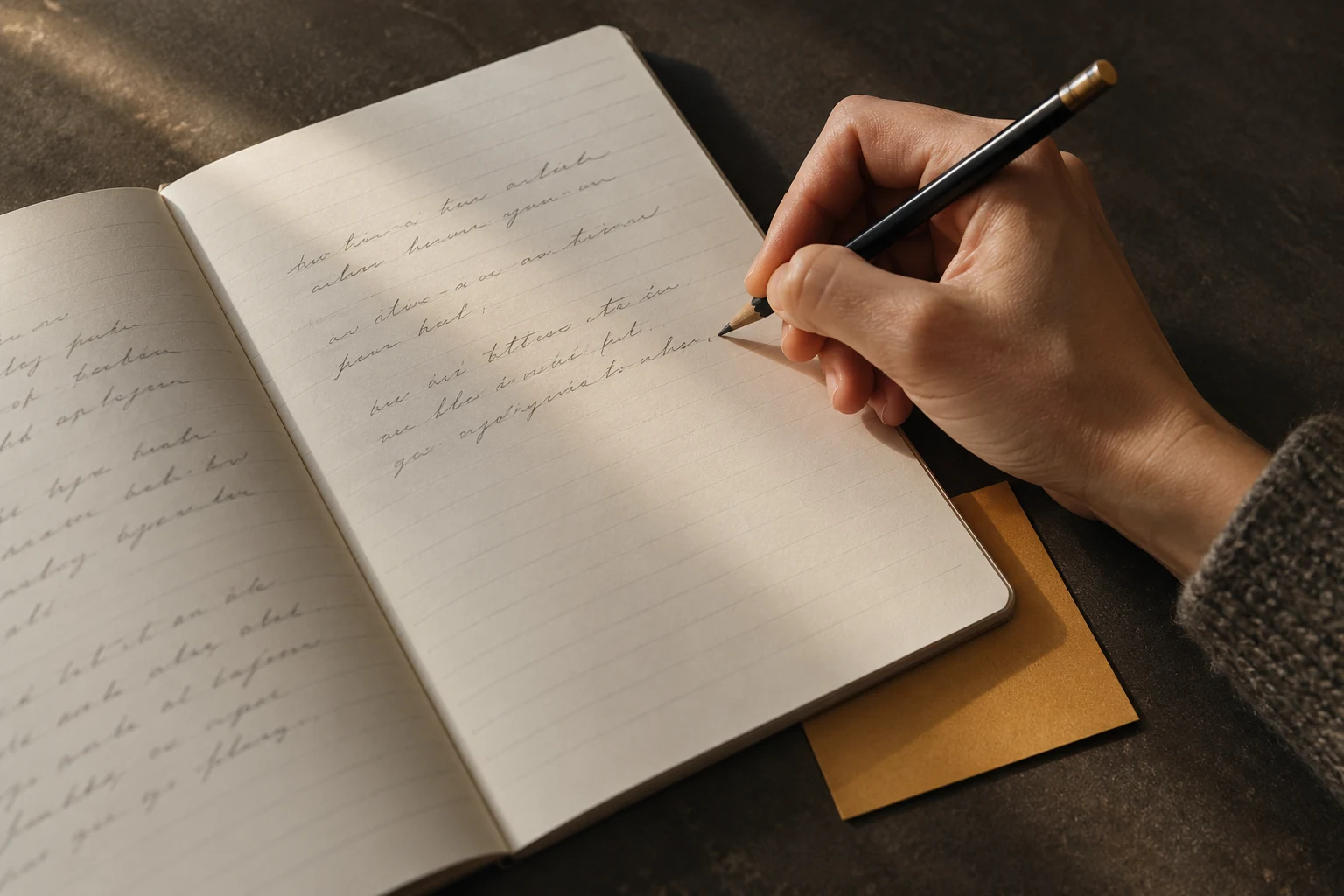 A hand writing in a notebook in afternoon light, with a paper card tucked beneath the page.
